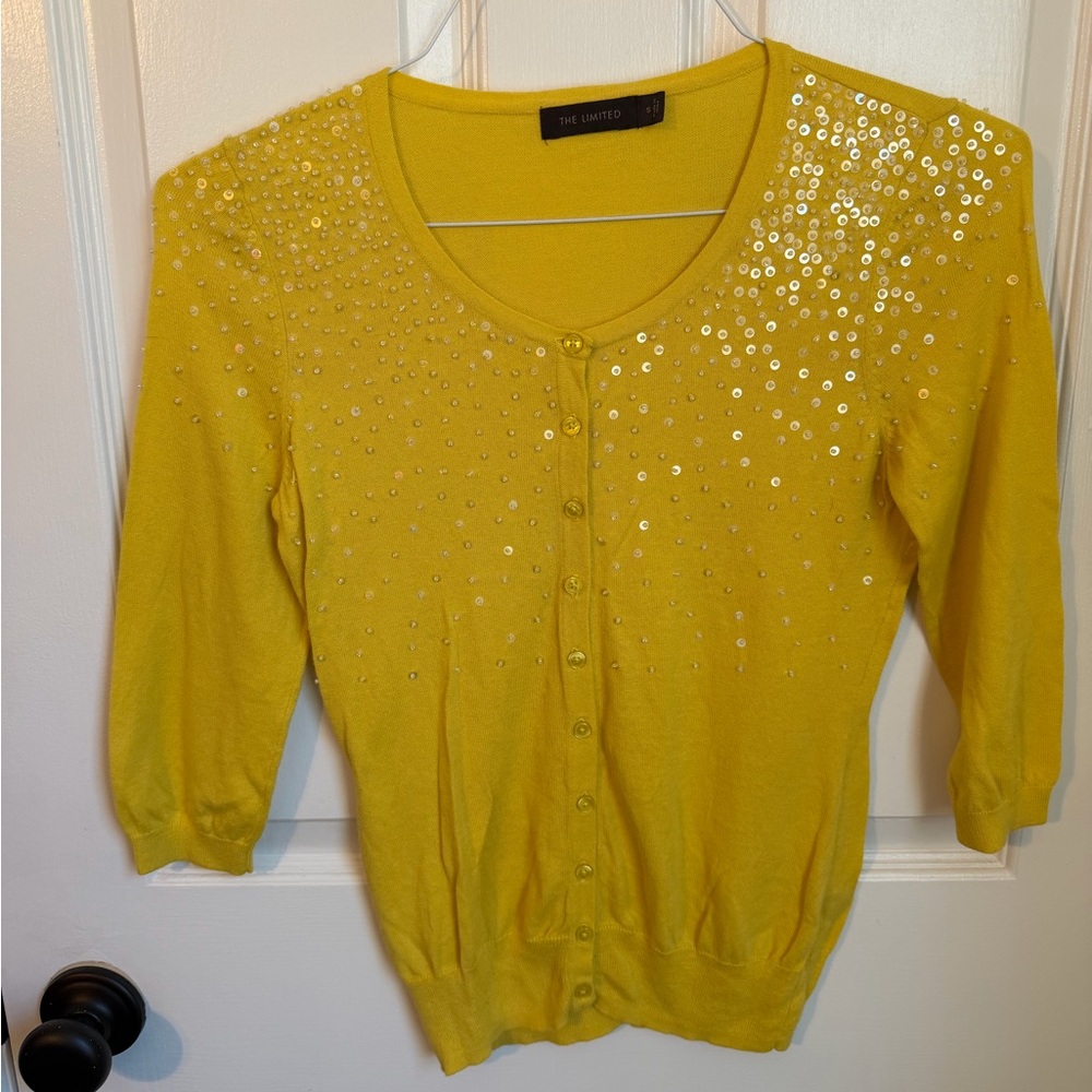 The Limited Yellow Sequin Beaded Sweater Cardigan Small - Picture 1 of 5